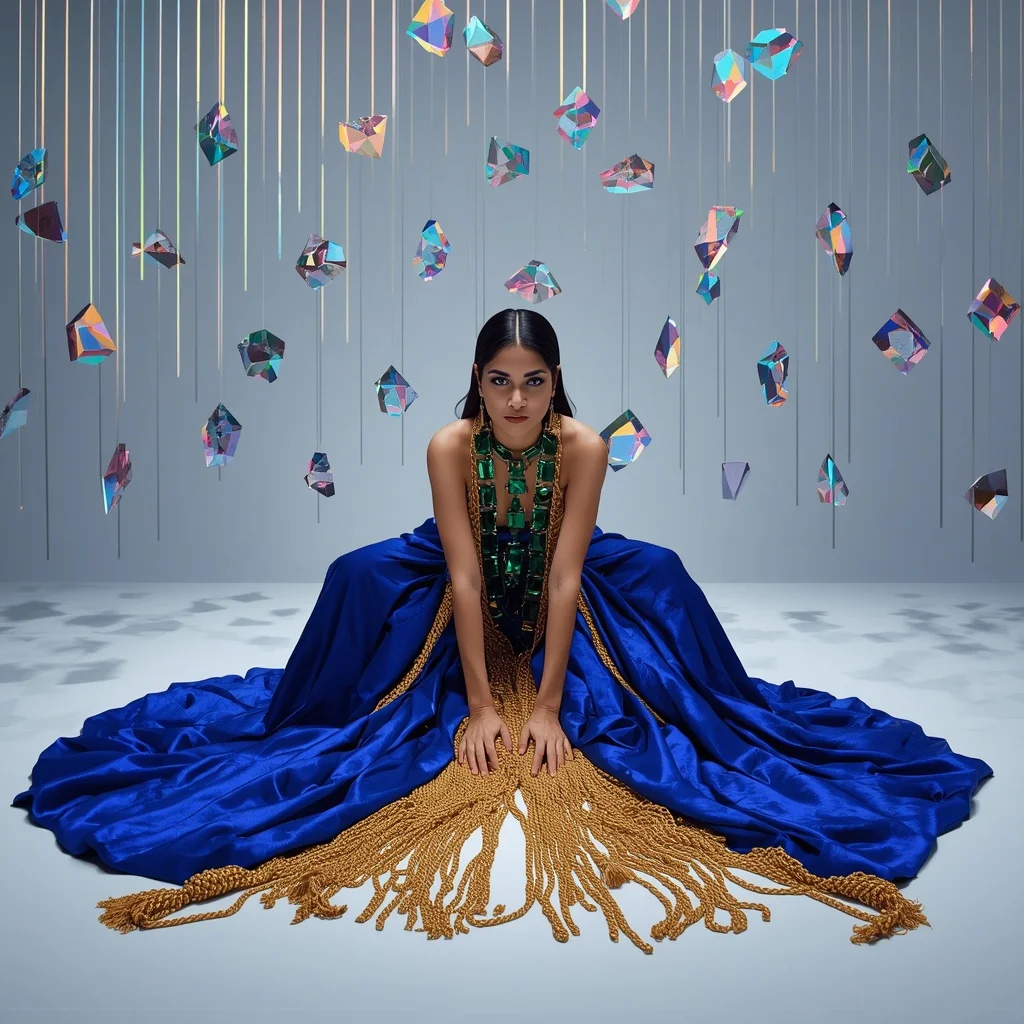 24K Gold Wire & Giant Uncut Emerald Saree: Deep Sapphire Silk | The Symmetrical Floor-Anchored Squat Pose | Raining Prism Crystals | Best AI Art