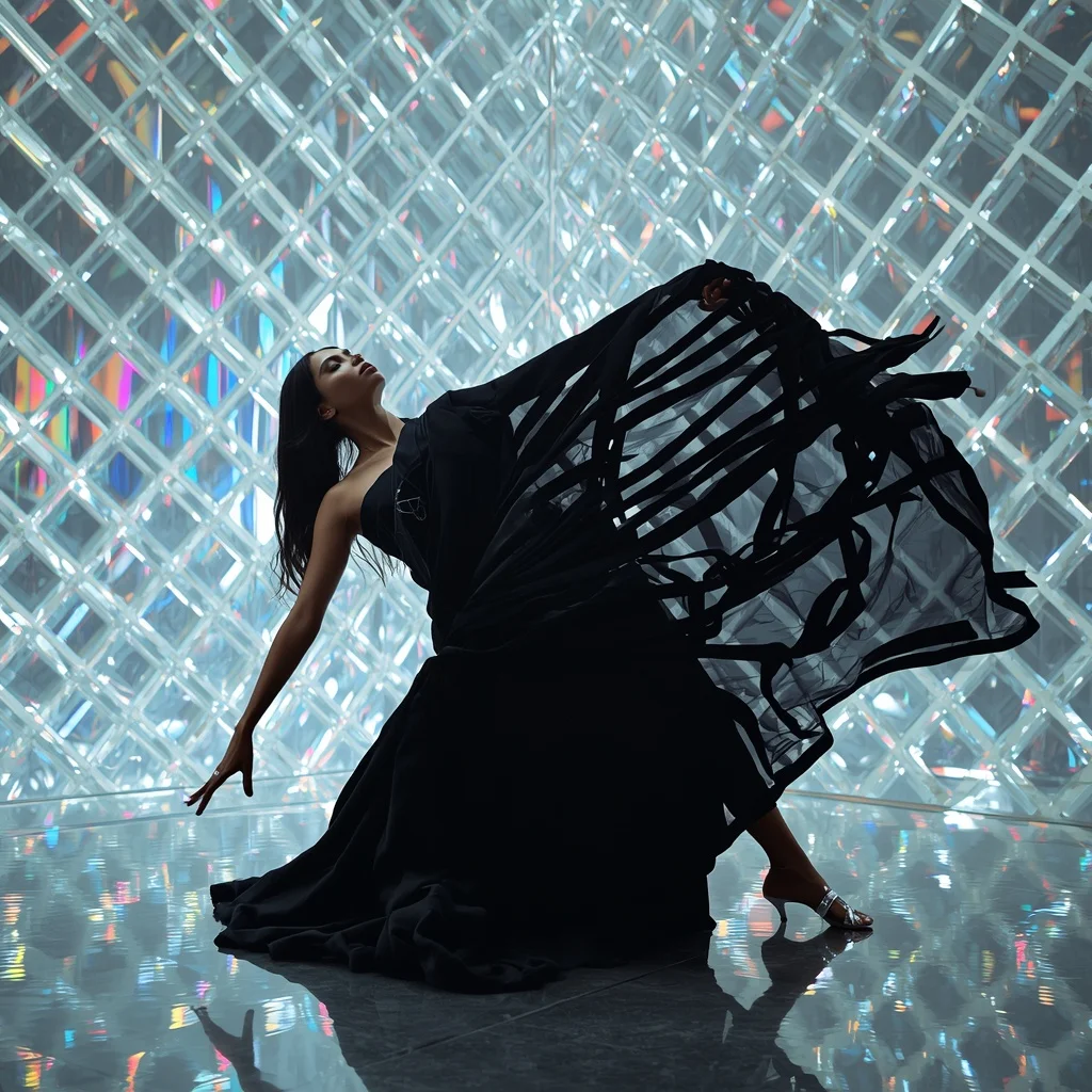 3D Velvet Ribbon & Thick Silver Bullion Knot Saree: Midnight Black | The Diagonal Floor-Sweep Spin Pose | Intersecting Light Prisms
