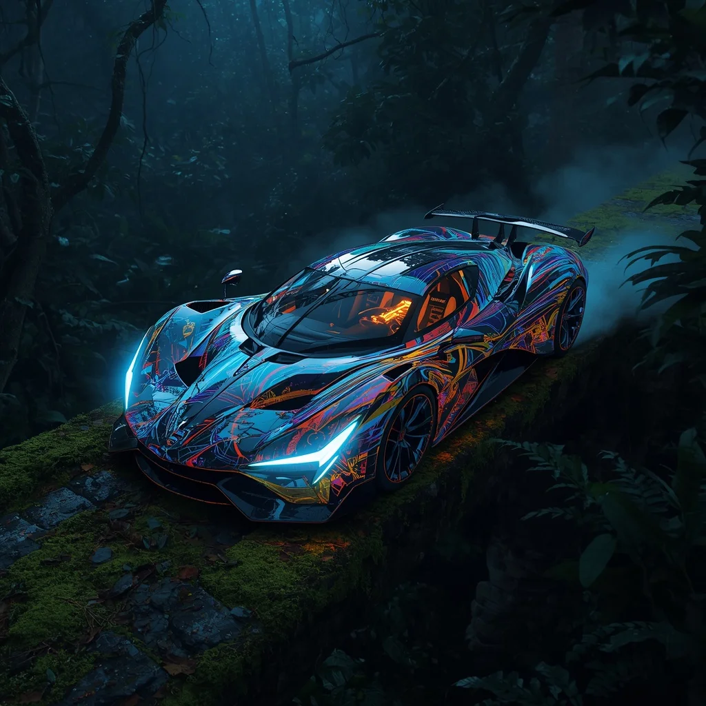 A Concept Hypercar Constructed from Blown Stained Glass Navigating a Lush Bioluminescent Jungle | New Chat Gpt Prompt Trend