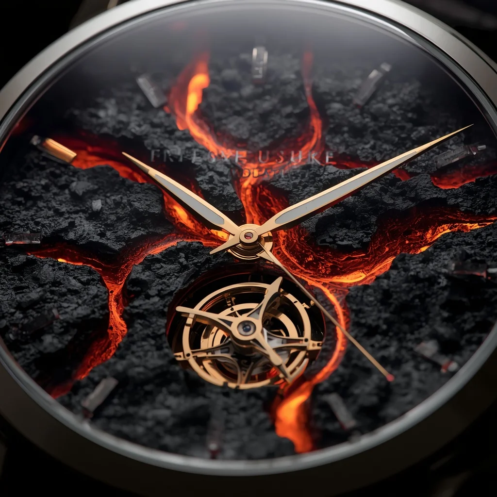 A Luxury Tourbillon Watch Dial Forged from Erupting Volcanic Tectonic Plates and Molten Magma | Prompt Online