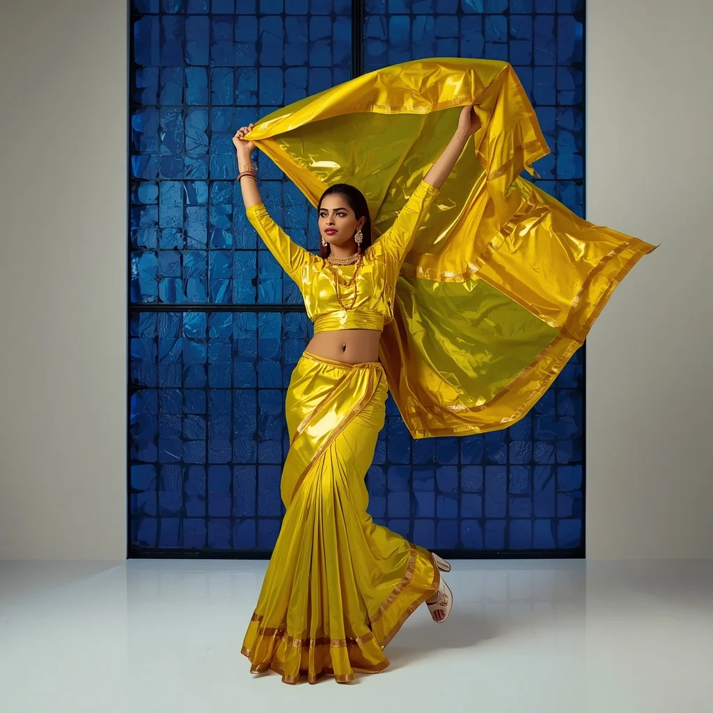 Acid Yellow Foil Saree – Dynamic Fabric Toss with Indigo Stained Glass | Aesthetic Ai Prompt