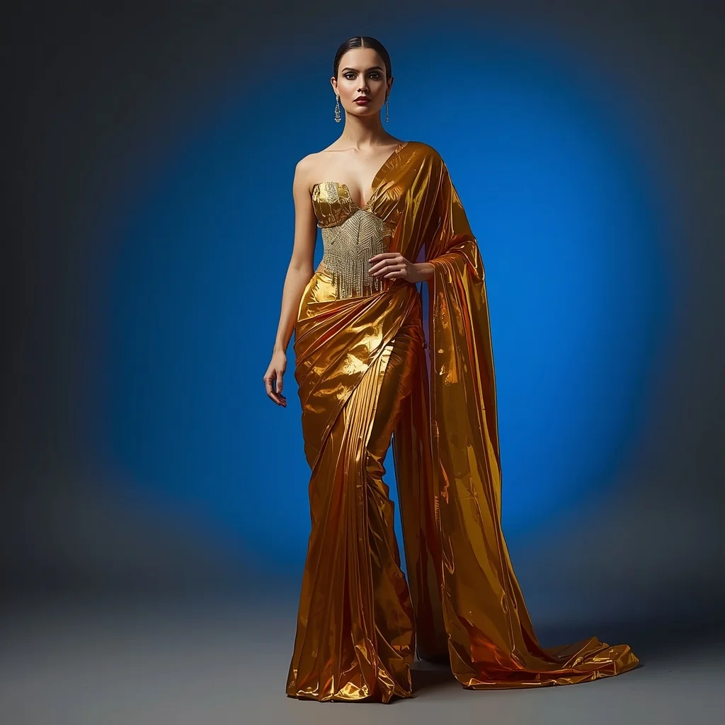 Advance Premium Heavy Liquid Gold And Sculpted Glass Saree Look | Prompt Ai For Girl Aesthetic