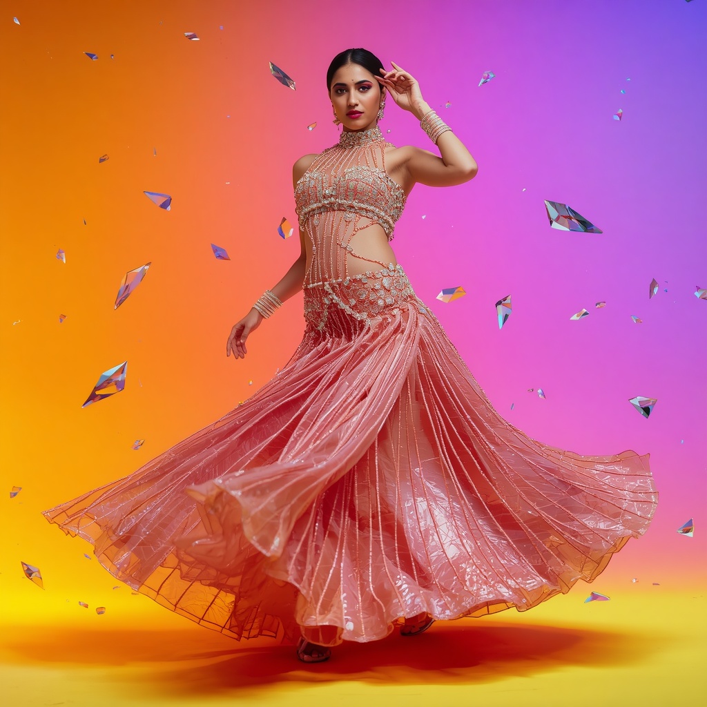 Advanced Festive Saree Poses: Holographic Rose Gold Organza with Diamond Cage | Attitude Ai Prompt