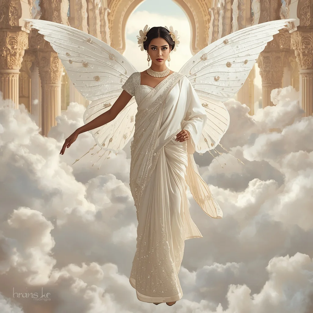 Alabaster Swan & Butterfly Fusion Saree with Heavenly Cloud Palace Background | Gemini Ai Prompt