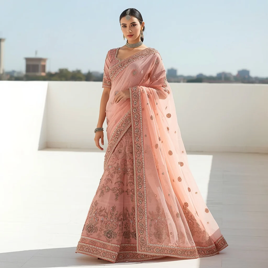 All-Over Mukaish & Thick Zari Bridal Coral Saree | Graceful Mid-Step Walk Pose | Ai Girl Image Prompt