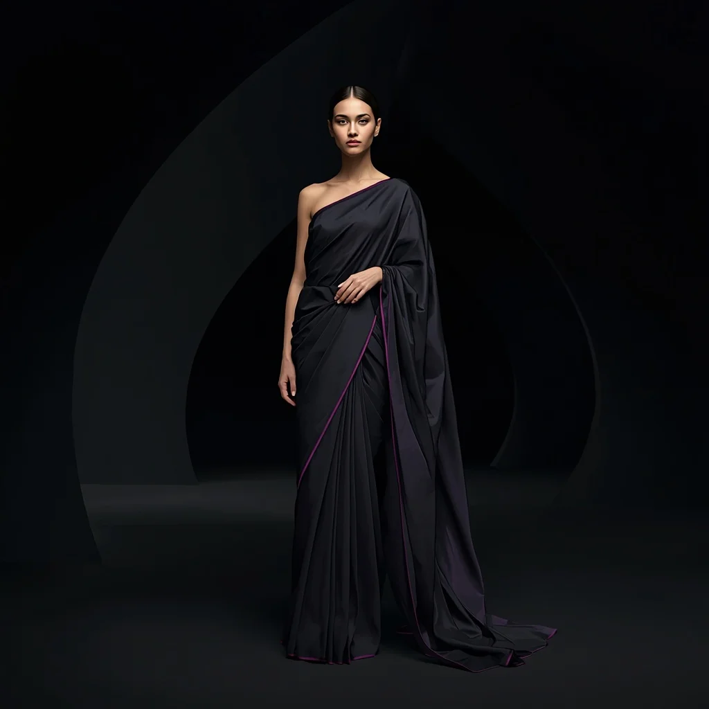 Anti-Light Void Silk Saree with Shadow Collapse Cathedral | Gemini Ai Photo Prompt