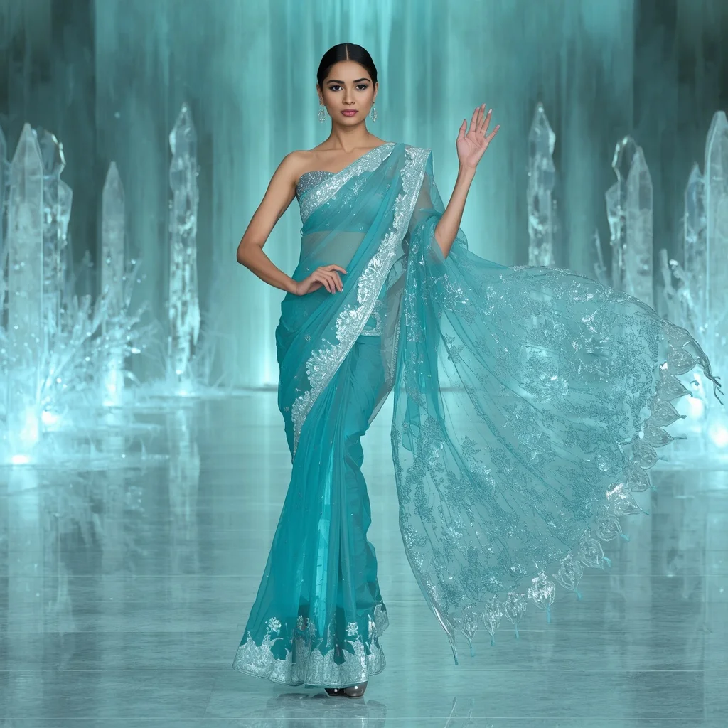 Aqua Crystal Hydrowave Surge Saree – Modern Festival Saree with Floating Flow Pose and Hydrowave Crystal Hall Background | Ai Selfie Prompt