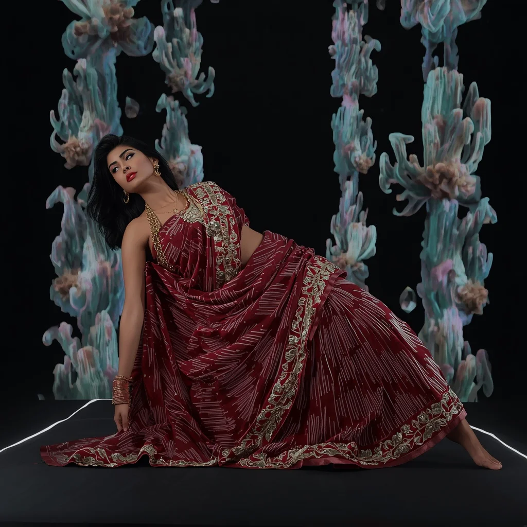 Architectural 3D Glass Blade Saree: Deep Crimson Velvet | The Floor-Anchor Deep Side-Lunge Pose | Holographic Coral Void | Best AI Art