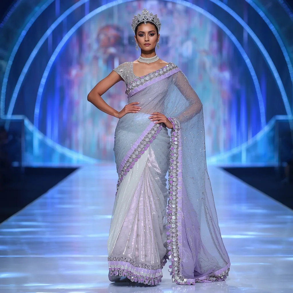 Arctic Prism Titanqueen Dynasty Festival Saree with Aurora Crystal Crown Elysium Empire Jewel Vault Runway | Google Prompt