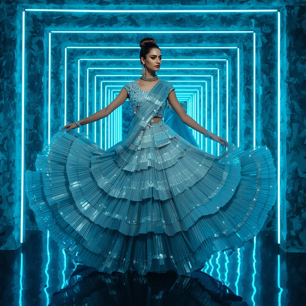 Arctic Royale Quantum Saree with Dynamic Crystal Maze Corridors | Prompt For Girl Photo Editing