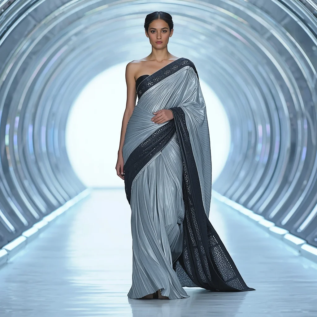 Arctic Silver Plissé and Laser-Cut Leather Saree with Holographic Tunnel | Influencer Ai Prompt
