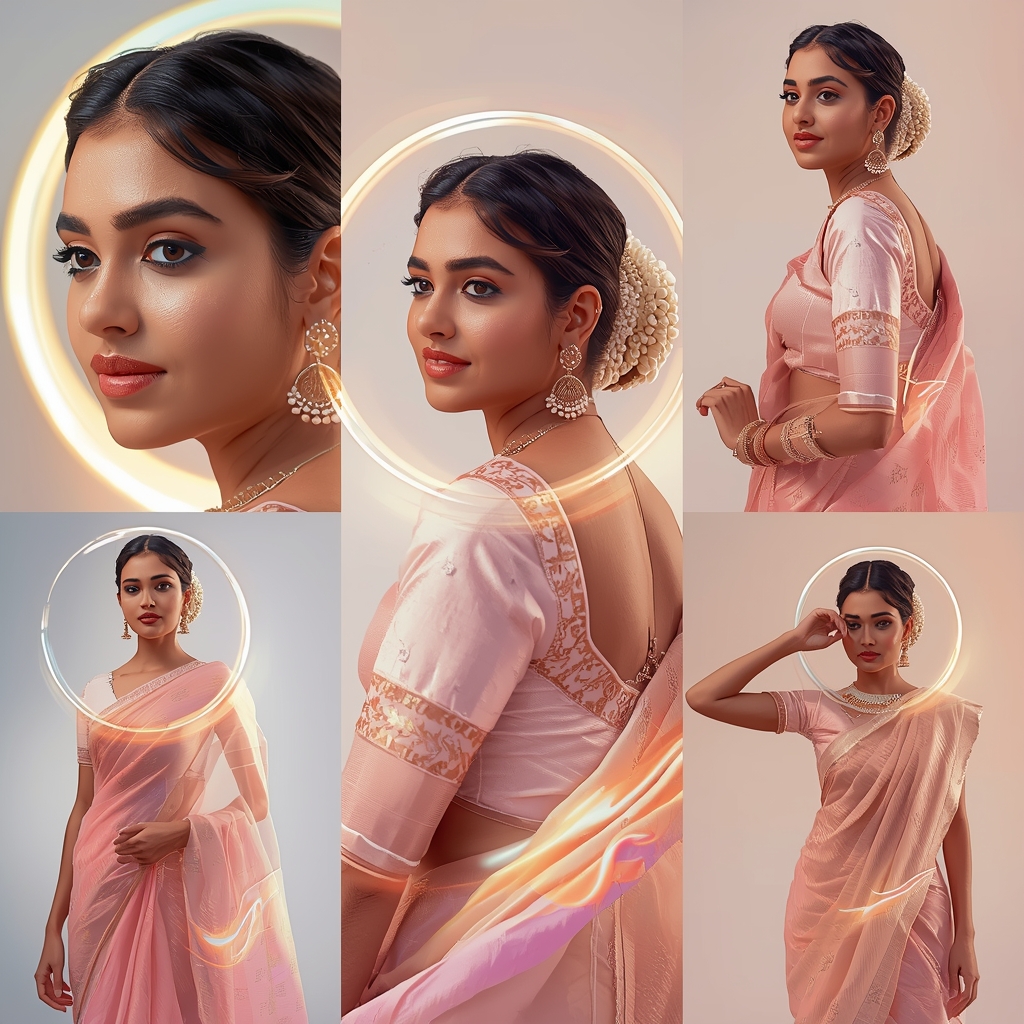 Astral Pulse Halo Wave Pastel Saree Indian Woman Luxury Composition | Saree Pose Ai Prompt