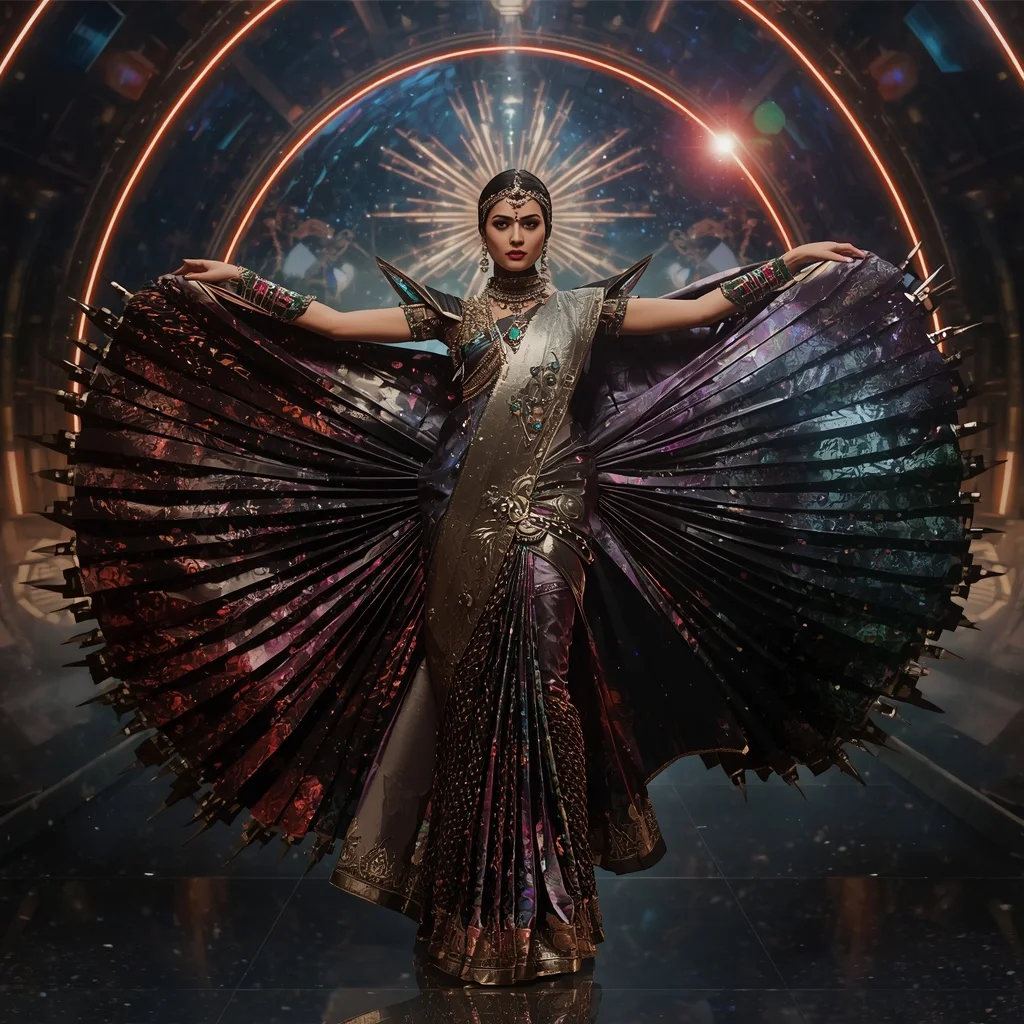 Astral Titanium Mirage Hyperqueen Saree with Infinity Prism Solar Dynasty Nexus | Photo Prompt