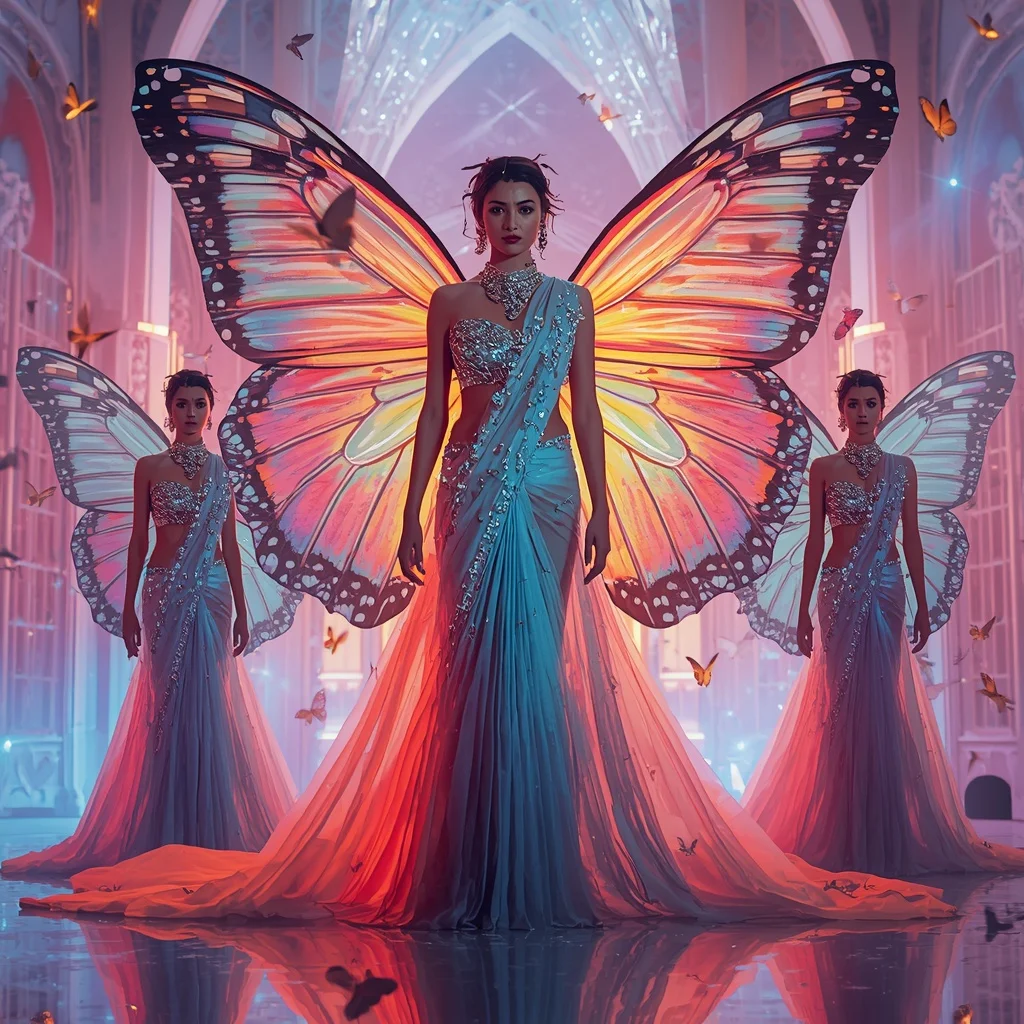 Aurora Butterfly Palace Saree Multi Pose Poster with Prism Castle Background | Desi Girl Ai Prompt
