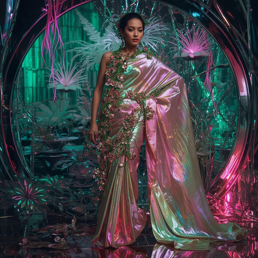 Aurora Chrome Vine Quantum Saree with Living Metal Forest | Best AI Art