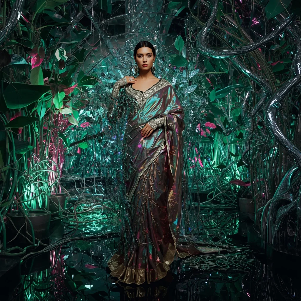Aurora Chrome Vine Saree with Living Metal Jungle | Trending Prompt Girls Traditional