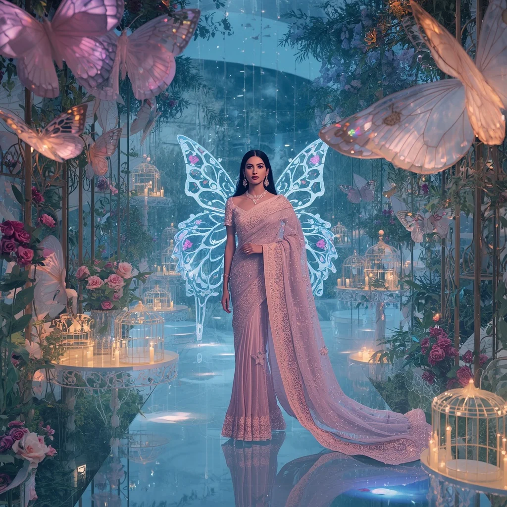 Aurora Crystal Garden Saree with Floating Butterfly Palace | Creative Ai Prompt