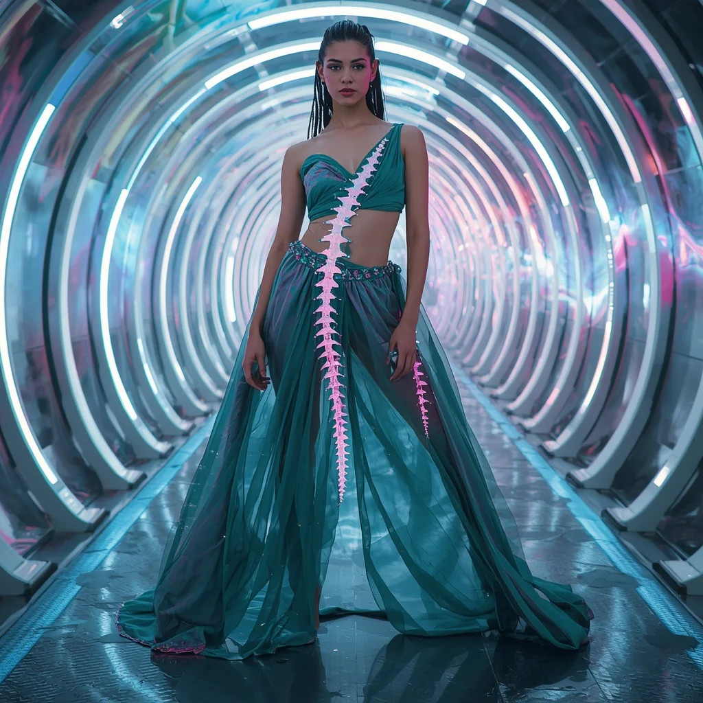 Aurora Crystal Spine Saree with Light Pulse Corridor | Saree Girl Ai Prompt