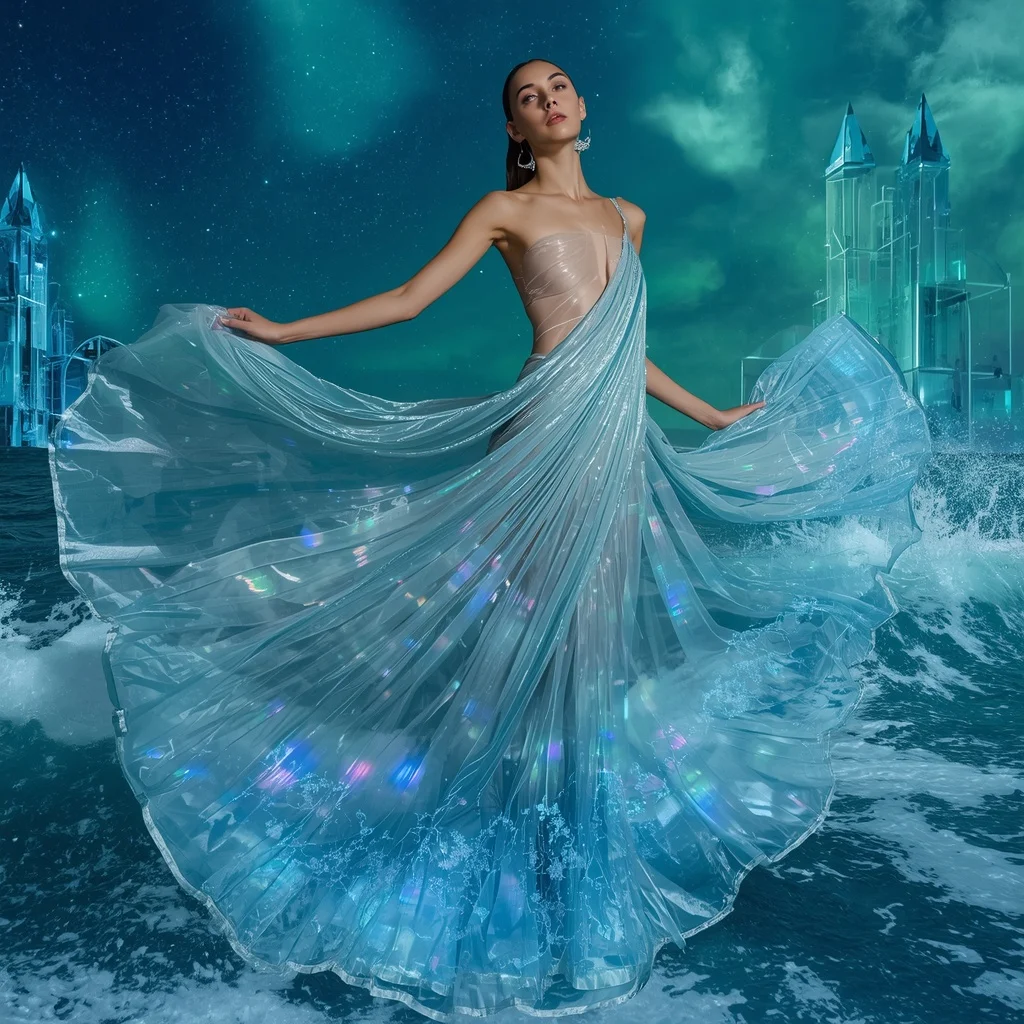 Aurora Crystal Wave Saree with Floating Sky Ocean | Google Prompt