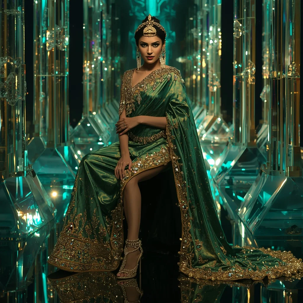 Aurora Emerald Mirage Saree with Floating Prism Crystal Cathedral | Hd Image Prompt