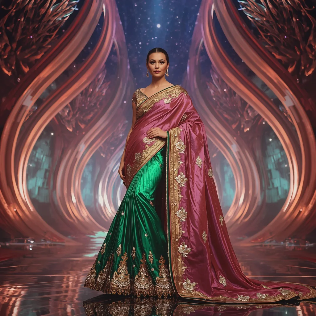 Aurora Emerald Titanqueen Dynasty Festival Saree with Celestial Ribbon Jewel Crown Elysium Empire Cathedral | Google Prompt