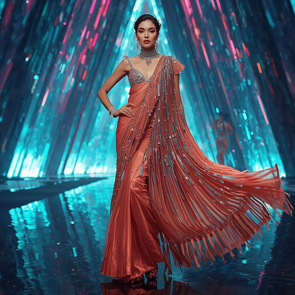 Aurora Flame Crystal Saree with Floating Hologram Reflection Cathedral | Indian Girl Ai Prompt