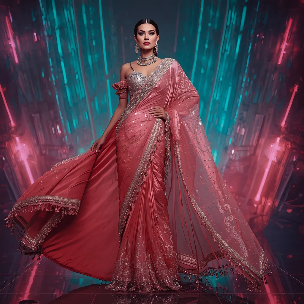 Aurora Flame Crystal Saree with Floating Hologram Reflection Observatory | Modern Design Ai Prompt