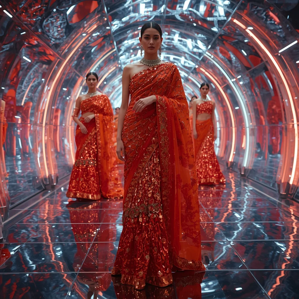 Aurora Flame Festival Saree with Neon Reflection Dome | Leonardo Ai Image Prompt
