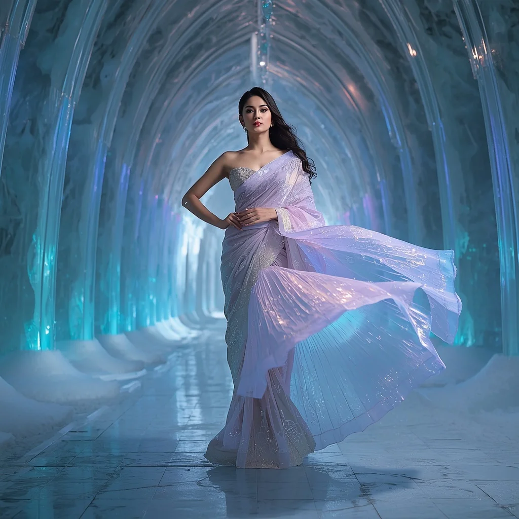 Aurora Ice Glass Saree with Frozen Light Cathedral | Gemini Ai Photo Prompt Copy Paste