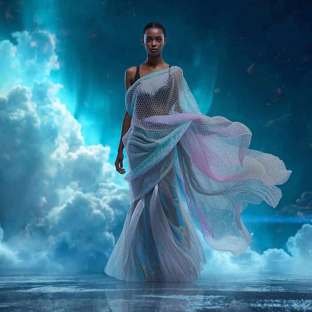 Aurora Liquid Mesh Saree with Floating Cloud Data Ocean | Anime Ai Prompt