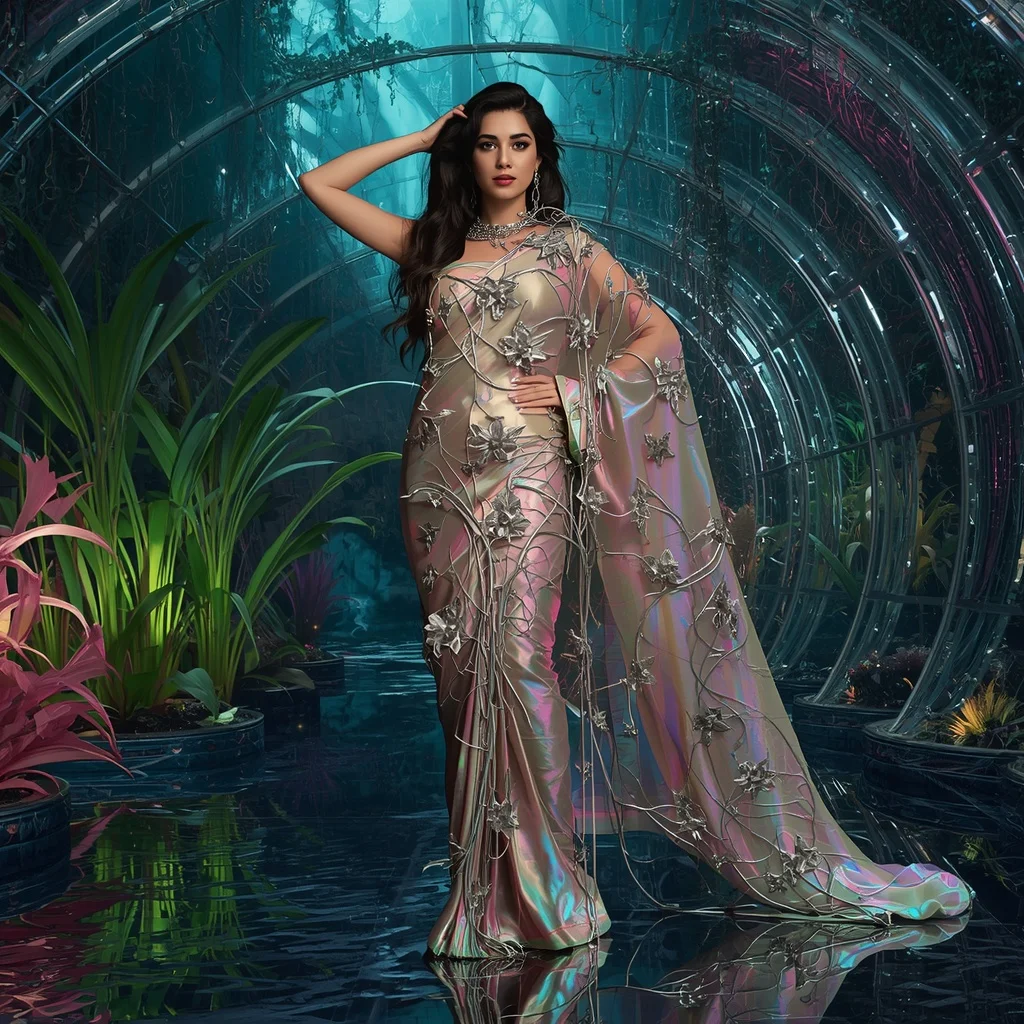 Aurora Metal Vine Silk Chrome Dimension Saree with Living Forest | Prompt Seen Trending Girl 2026 Butterfly