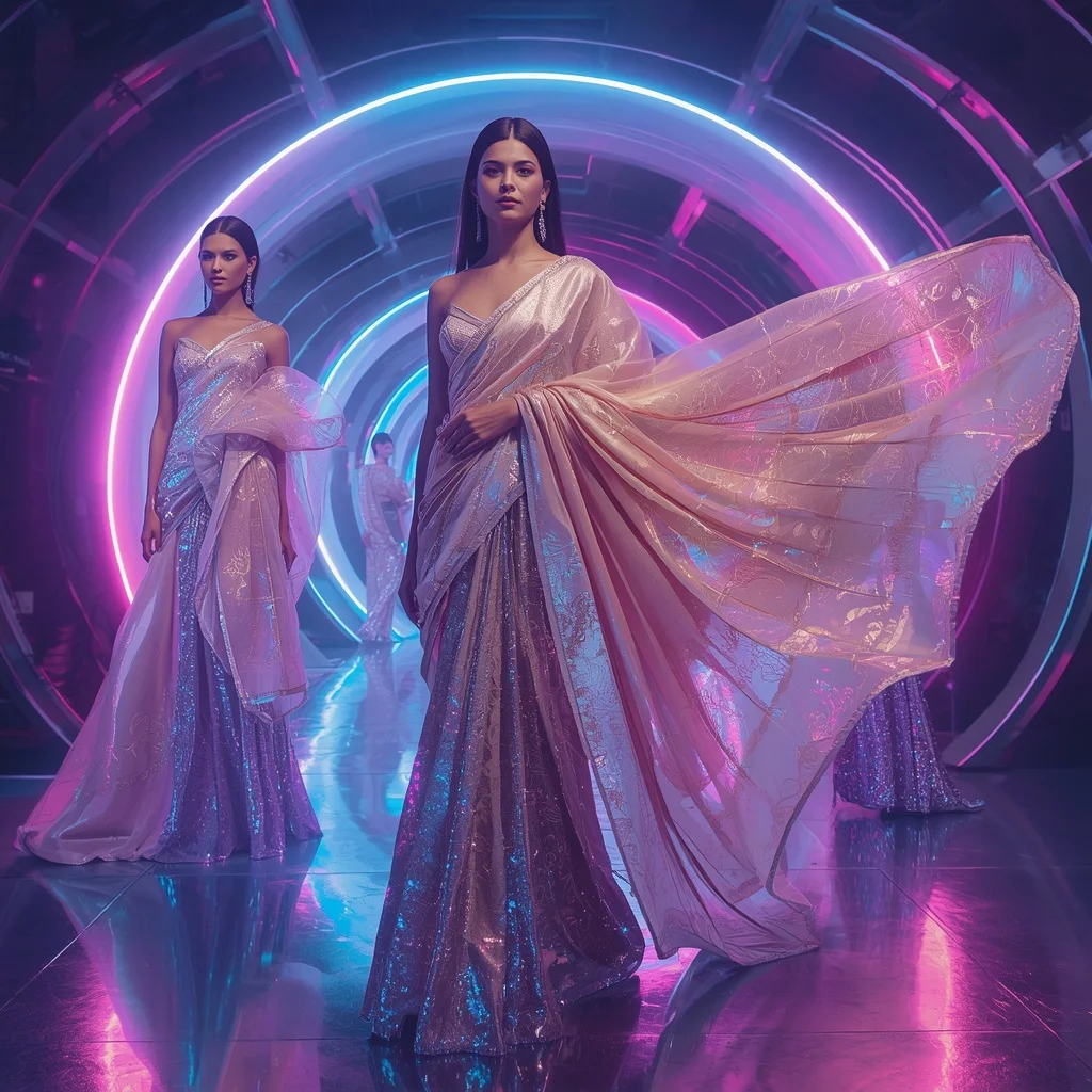 Aurora Nova Festival Saree with Floating RGB Crystal Moon Arches | Instagram Model Ai Prompt