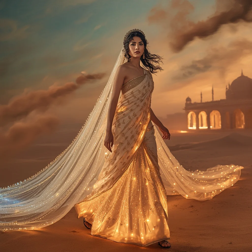 Aurora Sand Crystal Empress Saree with Shifting Desert Sky | Trending Prompt Girls
