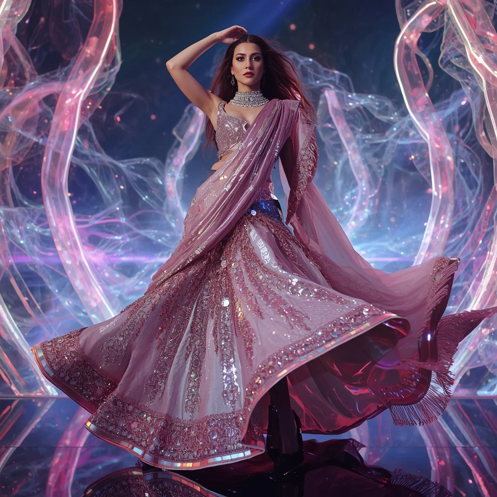 Aurora Thunder Fantasy Saree with Floating Digital Crystal Waves | Trending Girl Photo Prompt