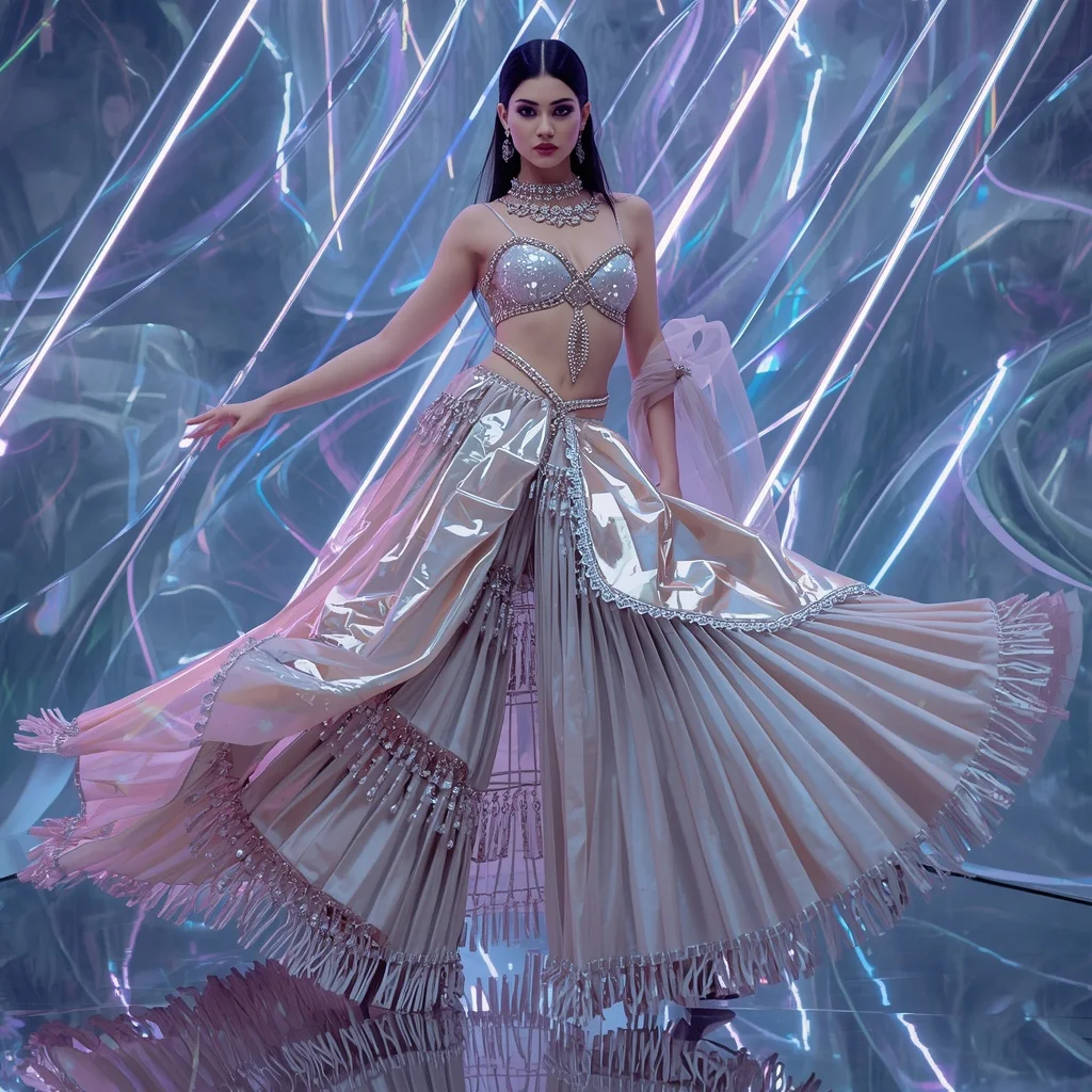 Aurora Thunder Mirage Saree with Floating Digital Neon Prism Waves | Girl Prompt