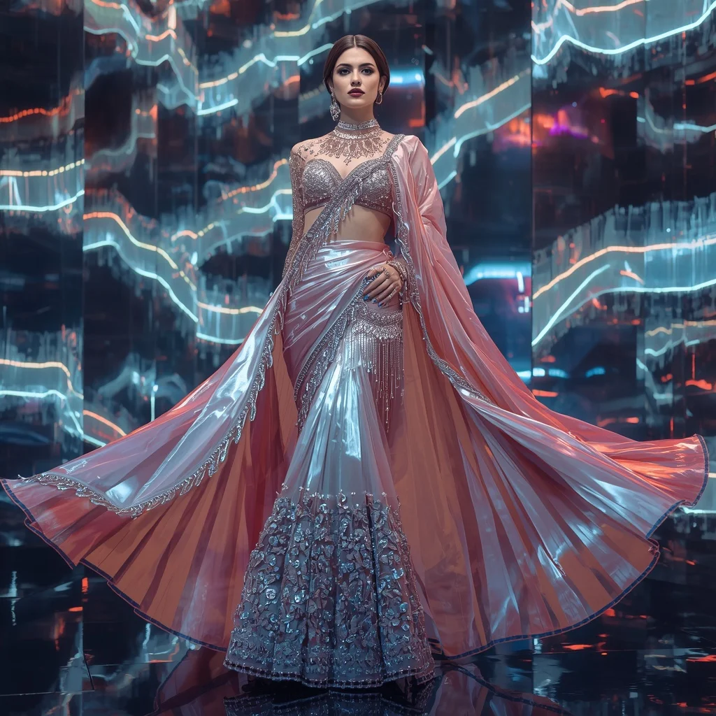 Aurora Thunder Mirage Saree with Floating Digital Neon Waves | Indian Girl Ai Prompt