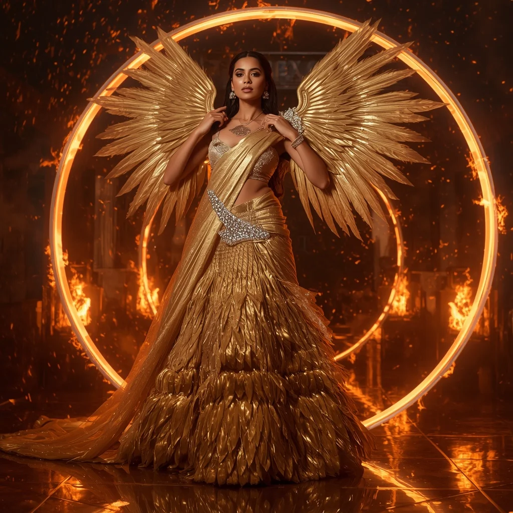 Avant Garde Golden Phoenix Saree Fashion with Fire Halo Crystal Universe Background | Leonardo Ai Image Prompt