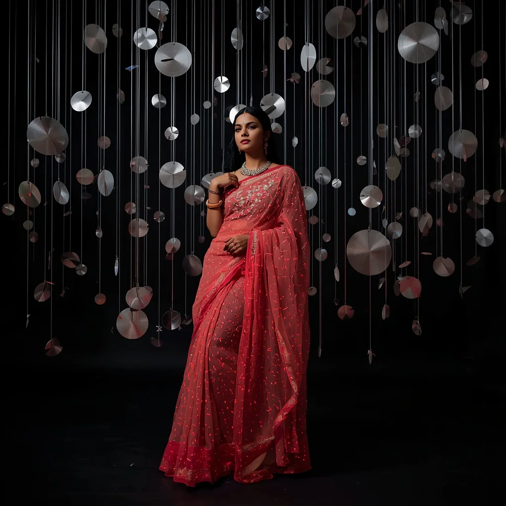 Bioluminescent Coral Net Saree – Geometric Lean with Suspended Silver Discs | Chatgpt Photo Editing Styles For Girl
