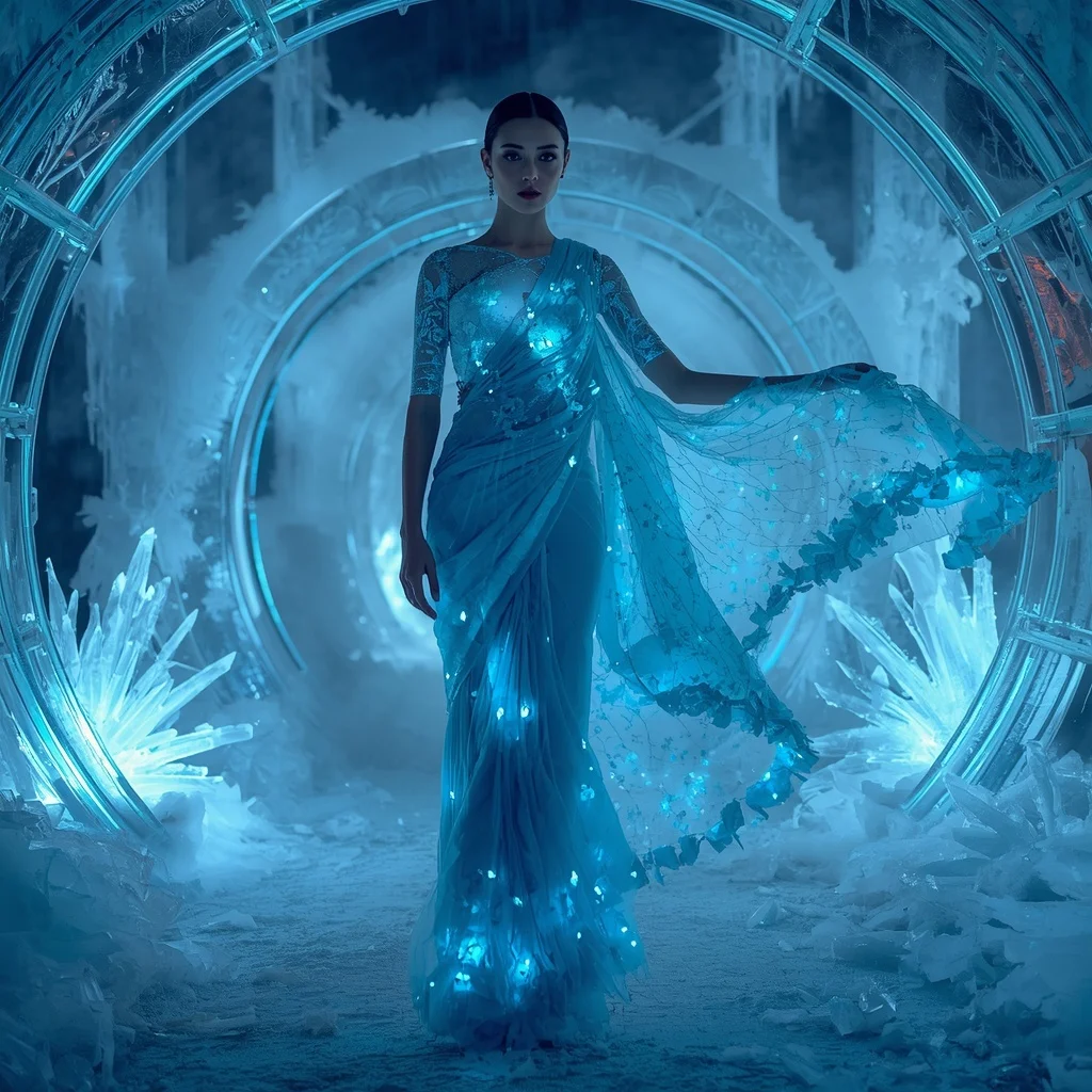 Bioluminescent Ice Garden Saree with Frozen Neon Flora | Prompt Seen Trending Girl