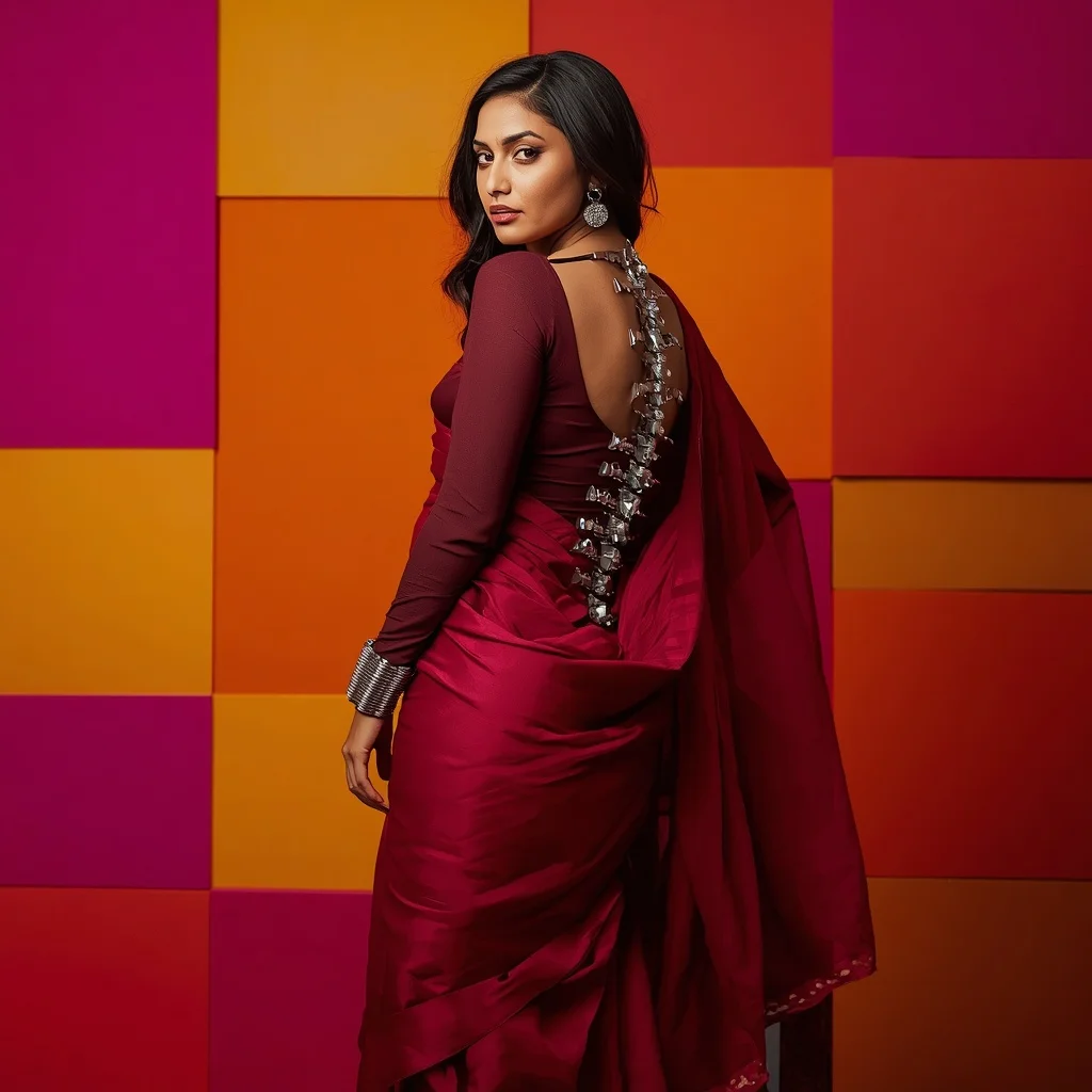 Biomechanical Silver Spine And Heavy Georgette Saree Fusion | Ai Gemini Photo Prompt