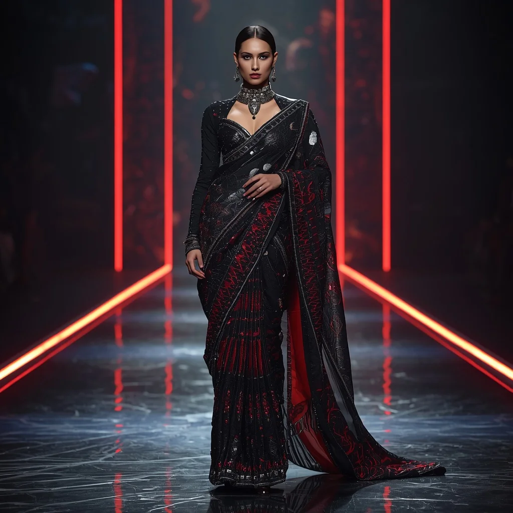 Black Diamond Panther Saree with Crimson Crystal Runways and Shadow Palace Arena | Female Model Ai Prompt