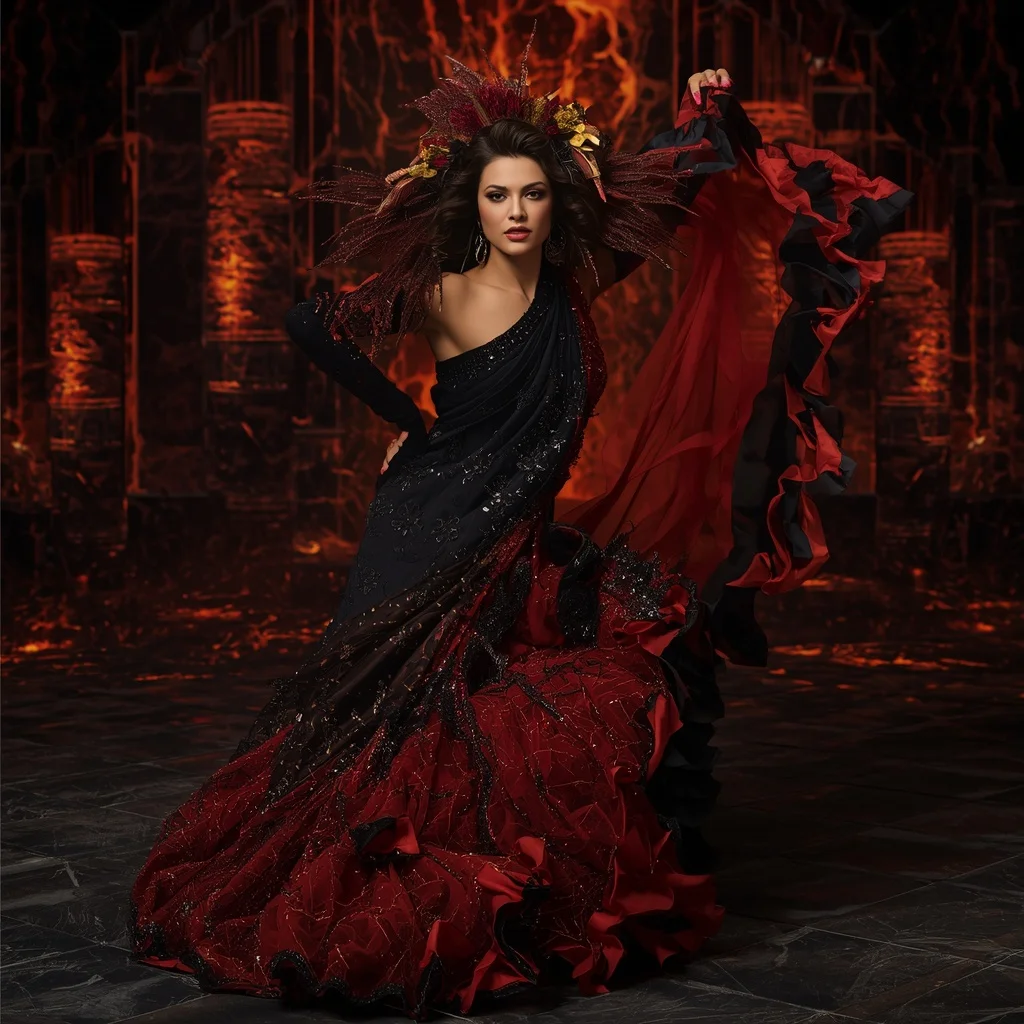 Black Fire Bloom Saree with Volcanic Light Arena | Modern Saree Ai Prompt