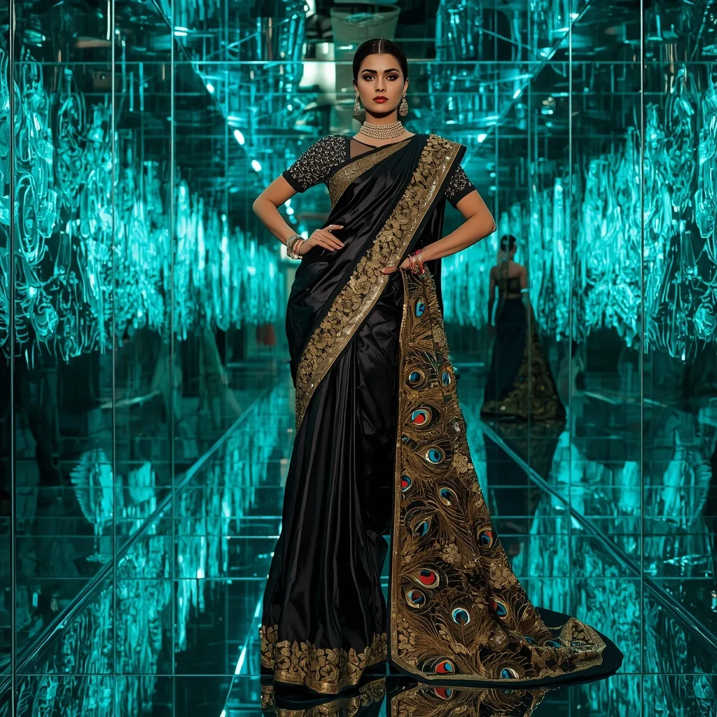 Black Gold Peacock Saree – Futuristic Party Saree with Fashion Walk Pose and Neon Peacock Reflection Chamber Background | Attitude Ai Prompt