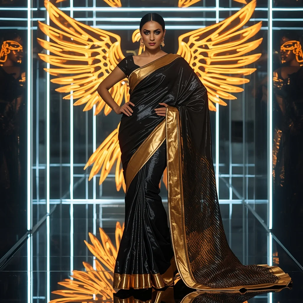 Black Gold Phoenix Saree – Futuristic Party Saree with Fashion Walk Pose and Neon Phoenix Reflection Chamber Background | Ai Art Prompt