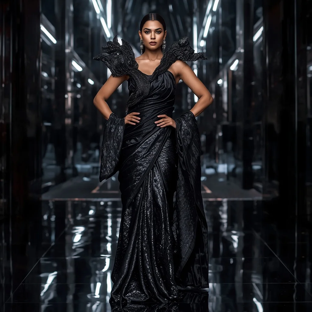 Black Mirror Cobra Saree with Dark Infinity Reflection Fortress | Trending Prompt