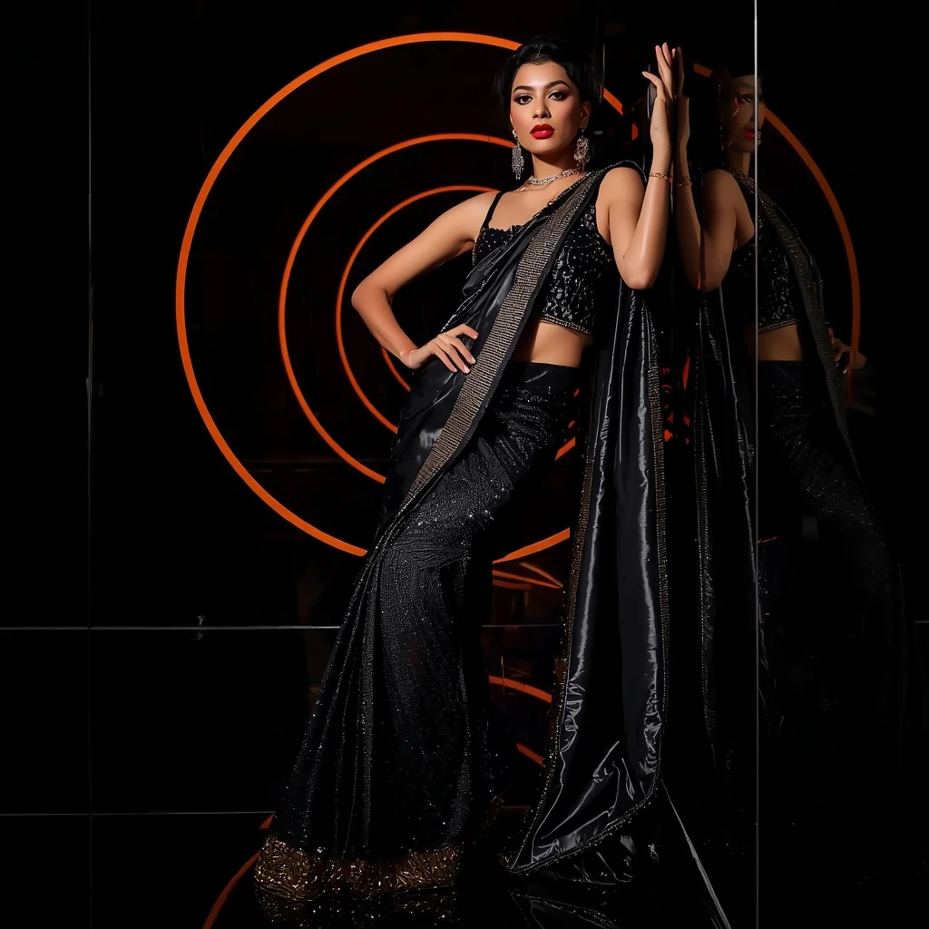 Black Prism Eclipse Saree – Ultra Modern Party Saree with Wall Pose and Eclipse Prism Tunnel Background | Instagram Aesthetic Ai Prompt