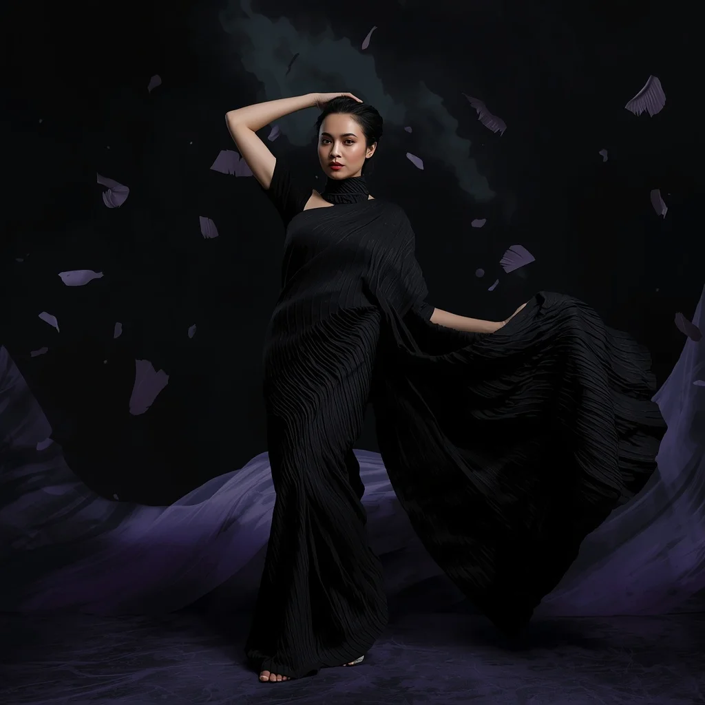 Black Void Silk Ripple Saree with Infinite Shadow Field | Indian Girl Ai Prompt