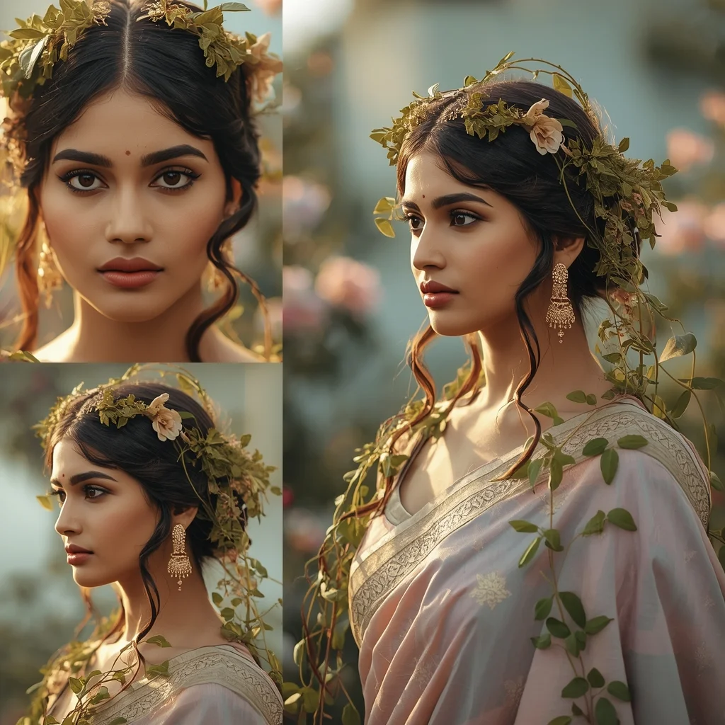 Botanical Royal Pastel Saree Image Prompt for Women with Living Vine Crown and Nature Queen Look | Bridal Saree Ai Prompt For Instagram Reel