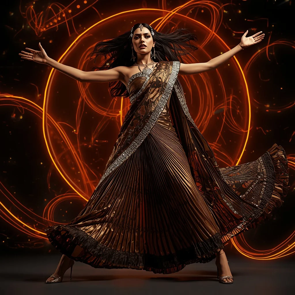 Bronze Eclipse Quantum Saree with Floating Helix Neon Universes | ChatGPT Photo Editing Prompts For Girl