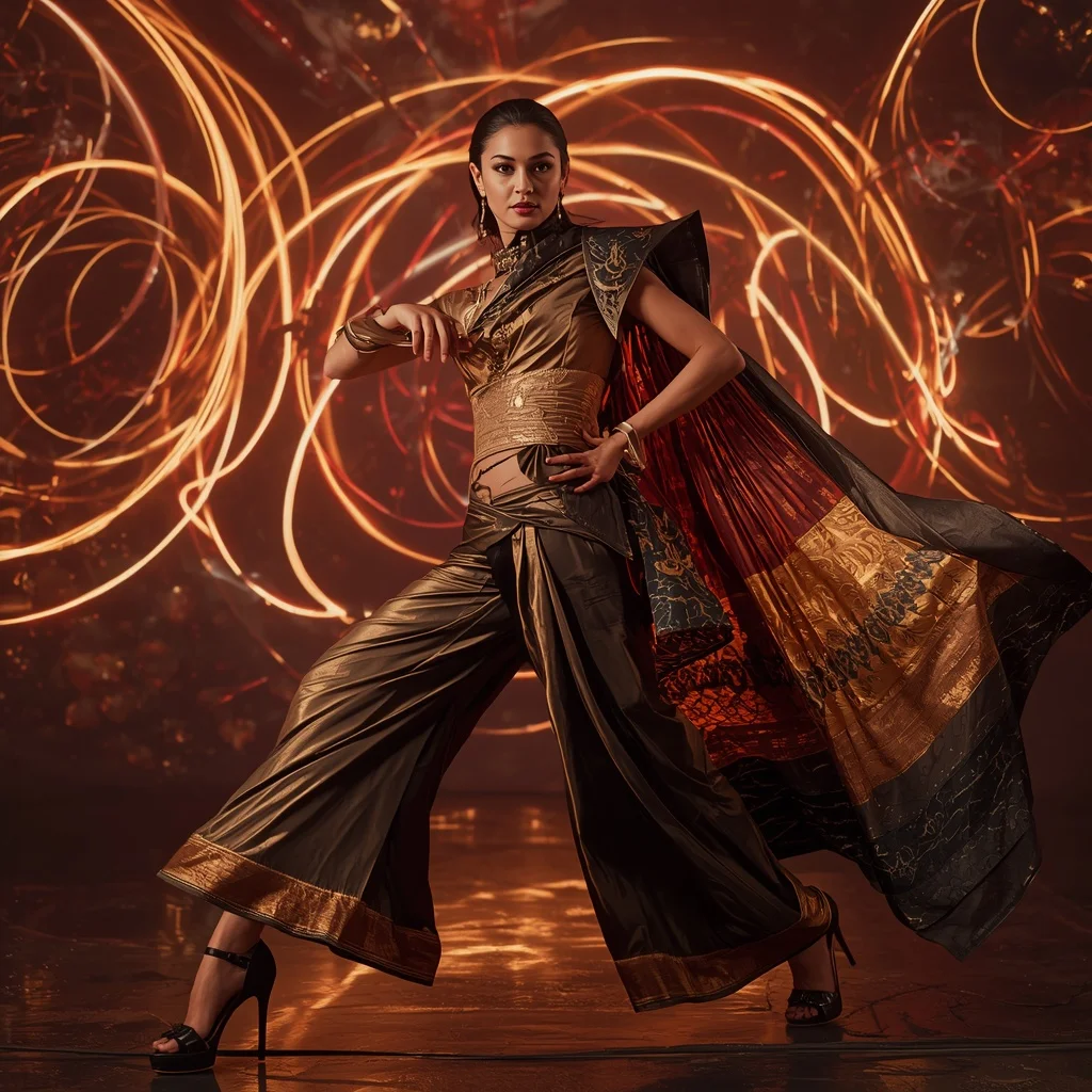 Bronze Eclipse Quantum Saree with Floating Helix Neon Worlds | Prompt For Traditional Look For Girl